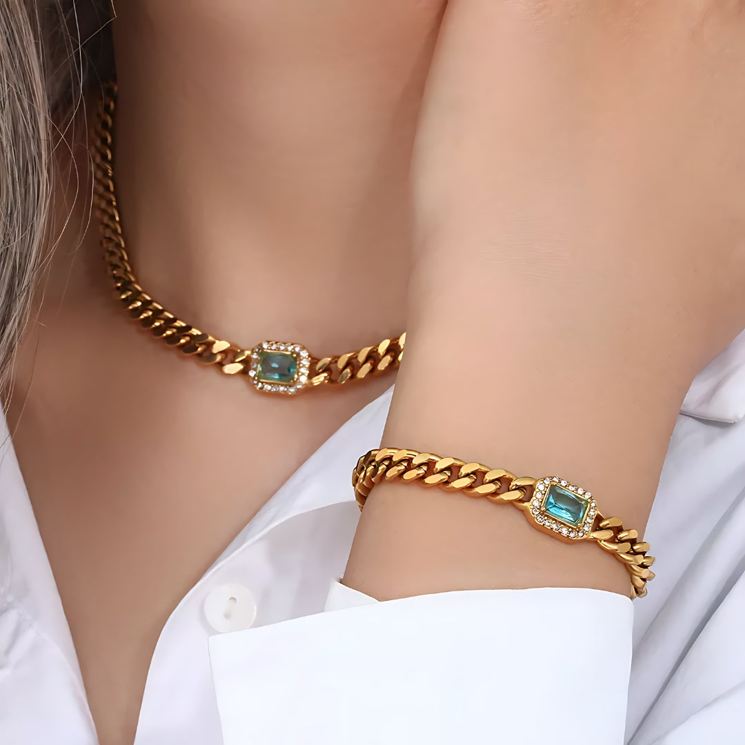 Pulseira Corrente Cravejada em Zircônia Azul Banhada em Ouro 18k